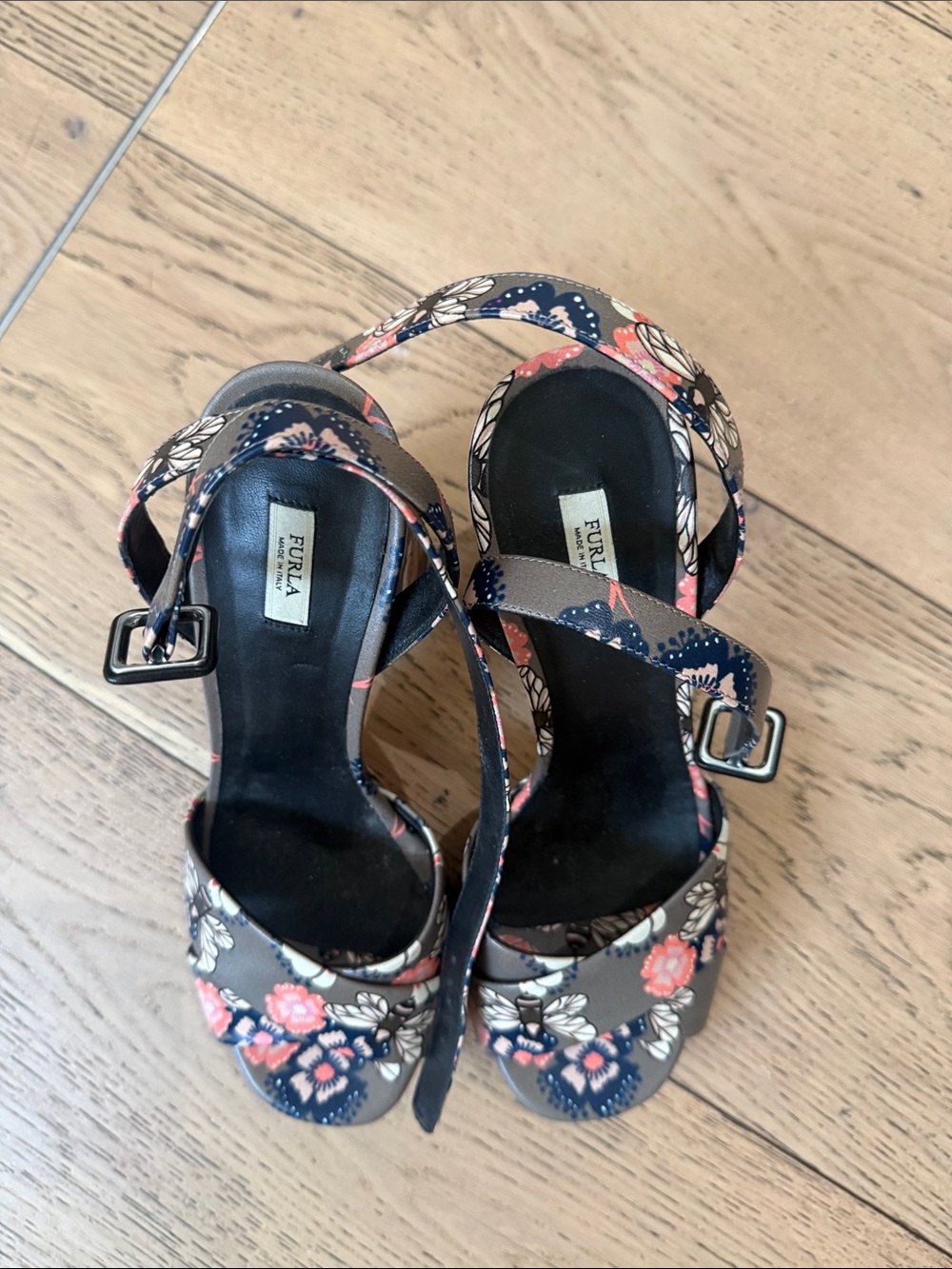 Furla Floral Strap Heels in Navy and Coral